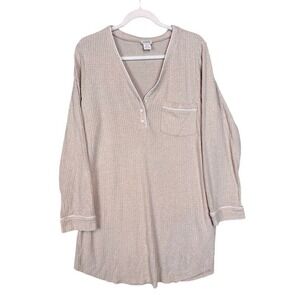 J Crew Womens XL Waffle Knit Nightshirt Beige Thermal Sleep Shirt Long Sleeve